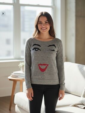 Gina cotton long sleeve pullover grey knit lightweight graphic sweater size 40